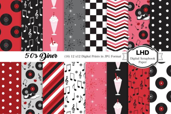 50s Diner Black Red Digital Papers