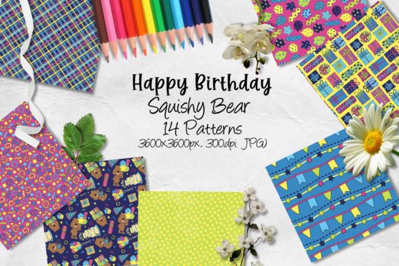 Happy Birthday Squishy Bear and 14 300dpi JPG Digital Scrapbooking Papers