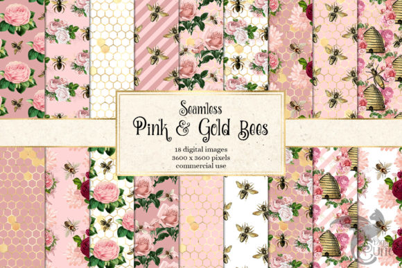 Pink and Gold Bees Digital Paper
